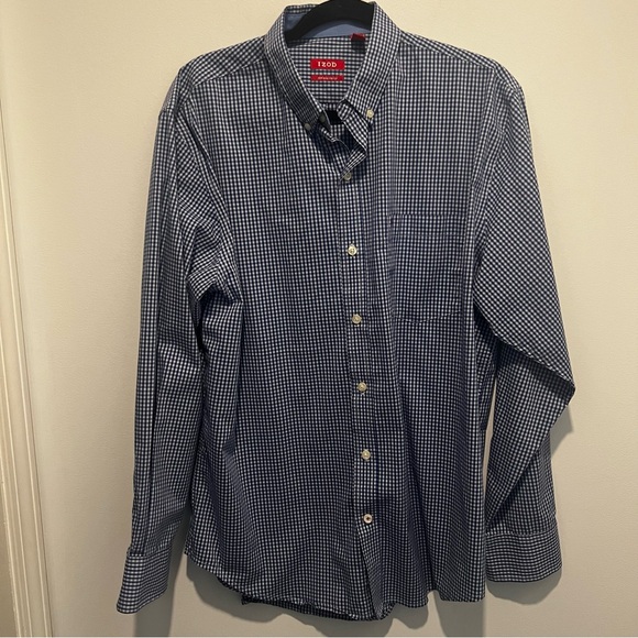 Izod Gingham Button Down Long Sleeve Dress Casual Shirt Men’s Medium Blue White - Picture 1 of 6